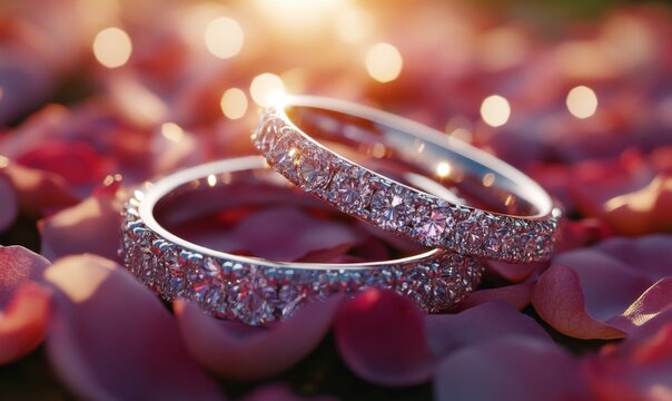3D diamond wedding rings placed on a bed of rose petals, with sunlight reflecting off the diamonds