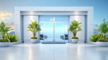 Poster - An impressive office building background with a striking entrance, ideal for promoting corporate identity, real estate listings, or business events.