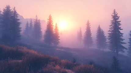 Aufkleber - A serene forest landscape at sunrise, shrouded in mist with silhouettes of tall pine trees against a pastel sky.
