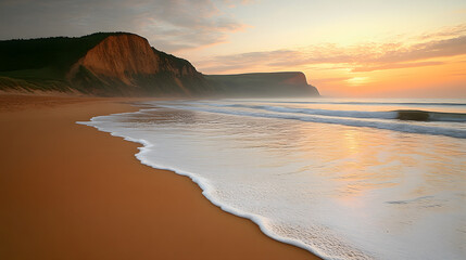 Poster - A serene beach at sunset, featuring golden sand, gentle waves, and silhouettes of cliffs against a colorful sky.