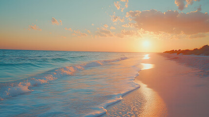 Poster - A serene beach sunset with gentle waves lapping the shore, painted in hues of orange and blue, reflecting tranquility and natural beauty.