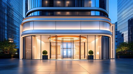 Poster - An impressive office building background with a striking entrance, ideal for promoting corporate identity, real estate listings, or business events.