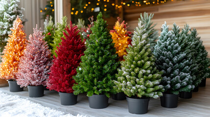 Poster - Colorful artificial Christmas trees arranged in pots, showcasing a variety of hues, set against a festive background.