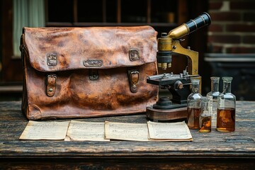 Aufkleber - Vintage Microscope, Leather Bag, Bottles, and Papers on Wooden Table