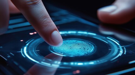 Poster - A hand gently presses a finger against a touchscreen, initiating a fingerprint scan for identification, illuminated by soft blue light in a low-light environment