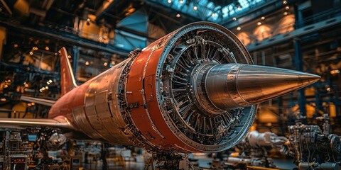 Poster - Close-up of a jet engine with exposed parts, showing complex inner workings