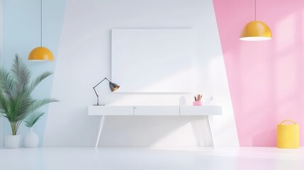 Aufkleber - A vibrant office background featuring inspiring artwork, flexible workspaces, and colorful accents, perfect for illustrating the importance of creativity in the workplace.
