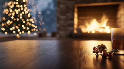 Cozy fireplace scene with twinkling Christmas lights and a warmly lit tree in the background, festive decorations adding to the holiday joy and filling the room with a welcoming gl