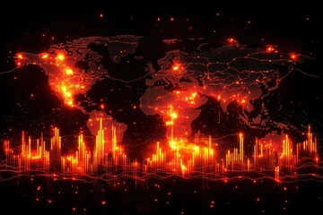 Poster - World Map with Glowing Red Lines and Data Visualization