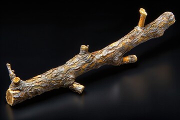Poster - A Single Branch with Rough Bark and a Knot on a Black Background