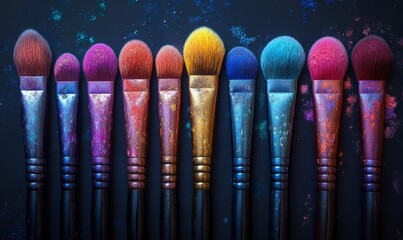 3D makeup brush set with bristles dipped in colorful powders, vibrant and detailed