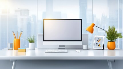 Poster - A neatly organized office cubicle background featuring modern workstations, personal touches like plants and photos, ideal for promoting productivity and work-life balance.