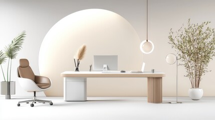Poster - A stylish home office background featuring a blend of contemporary furniture and decor, ideal for branding materials focused on creativity, comfort, and productivity.