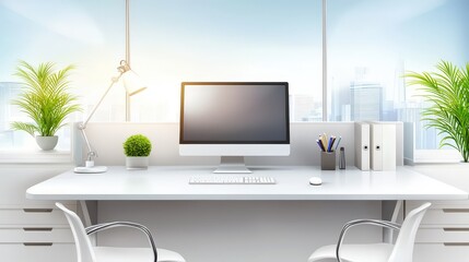 Poster - An organized office cubicle background with sleek designs, modern accessories, and personal touches, ideal for marketing materials focused on professionalism and comfort.