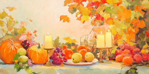 Wall Mural - Thanksgiving Feast Scene: Impressionist-style setup with candles, fruits, and fall vegetables