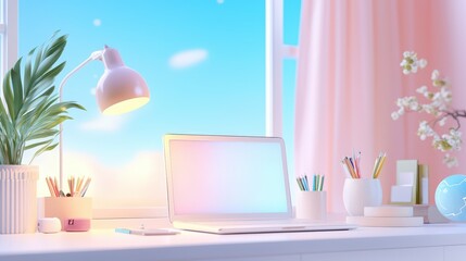 Poster - A well-lit home office background featuring a stylish desk, organized supplies, and personal touches, perfect for themes related to remote work and organization.