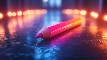 A vibrant pink pencil lies on a glossy surface, surrounded by glowing lights, creating a striking visual contrast.