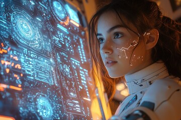 Fototapete - Young Woman in White Suit Observing Futuristic Interface