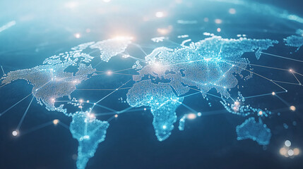 Poster - A digital world map with bright network lines on a light blue background, representing global connectivity, communication, and technology.