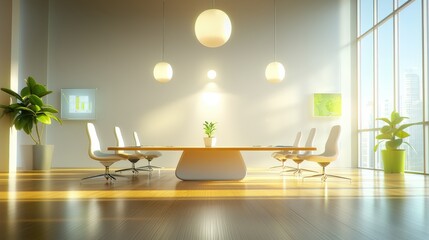 Poster - A well-lit office meeting room background with a large conference table and various seating arrangements, ideal for team collaboration, brainstorming, or strategic planning.
