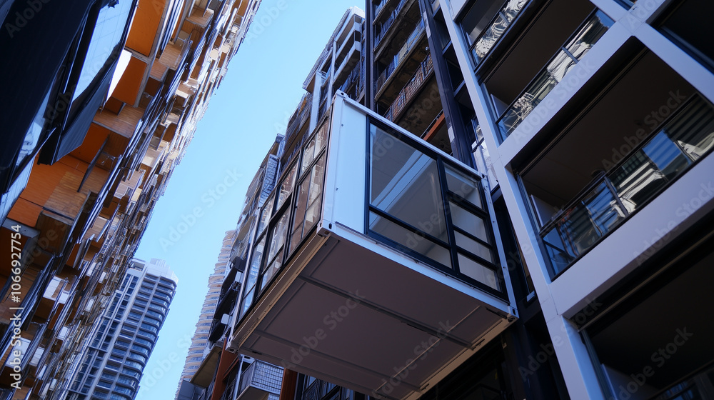 A modular container unit, equipped with windows and balcony rails ...