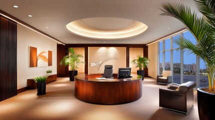 Poster - An elegant corporate office setting with dark wood accents, soft lighting, and minimalistic decor, perfect for showcasing a professional and refined work environment.