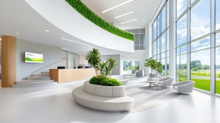 Poster - A bright office environment with large windows, contemporary decor, and greenery, ideal for promoting well-being in corporate culture and modern workplace dynamics.