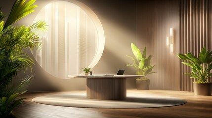 Poster - A cozy office meeting room with a round table, green plants, and contemporary decor, ideal for discussions, teamwork imagery, or casual business settings.