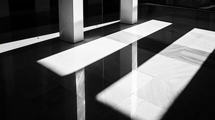 Poster - Monochrome interior showcasing striking shadows and light patterns across a polished floor in a modern architectural space