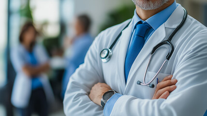 Poster - A doctor stands in a room with a stethoscope around his neck. He is wearing a white coat and a blue tie. The room has a few other people in it, but the doctor is the main focus of the image