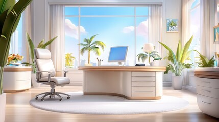 Poster - A chic office environment featuring a muted color scheme, elegant decor, and comfortable workspaces, perfect for conveying a sense of professionalism and tranquility.