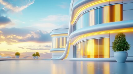 Poster - A dynamic view of an office building at dusk with illuminated windows, ideal for showcasing a vibrant business environment or corporate achievements.
