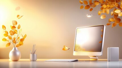 Poster - A modern home office background with a cozy atmosphere, featuring stylish furniture, a well-organized desk, and decorative elements, ideal for promoting comfort and focus.