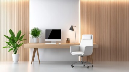 Poster - A cozy home office background showcasing a comfortable seating area and modern workspace, ideal for promoting work-life balance and a creative environment.
