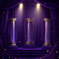 a deep purple hall with purple curtains, with 3 pedestals for 3 winners, one gold, one silver, one bronze. above each pedestal there is a golden spotlight.generative ai