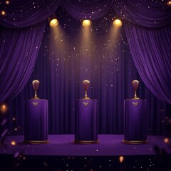 a deep purple hall with purple curtains, with 3 pedestals for 3 winners, one gold, one silver, one bronze. above each pedestal there is a golden spotlight.generative ai