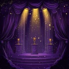 a deep purple hall with purple curtains, with 3 pedestals for 3 winners, one gold, one silver, one bronze. above each pedestal there is a golden spotlight.generative ai