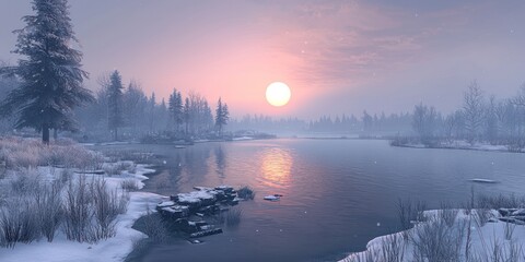 Poster - Winter Sunset Over a Snow-Covered Lake with a Forest in the Background