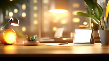 Poster - A chic industrial office background showcasing open spaces, warm lighting, and a mix of vintage and modern decor, perfect for illustrating a creative work environment.