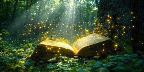 Poster - An Open Book with Glowing Dust in a Forest