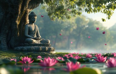 Buddha statue in lotus flowers, sitting under the Bodhi tree, green background