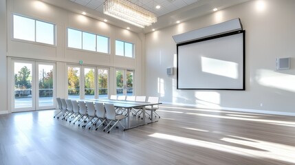 Poster - A spacious office meeting room with large windows providing natural light, equipped with modern furnishings, perfect for presentations, meetings, or professional gatherings.