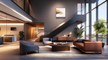 Poster - A contemporary industrial office filled with natural light, modern furnishings, and a blend of old and new design elements, ideal for illustrating a creative work culture.