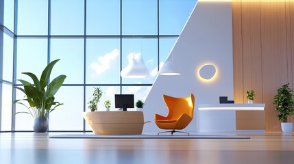 Poster - A beautifully designed office interior background featuring modern furnishings, large windows, and stylish decor, ideal for showcasing professional business environments.
