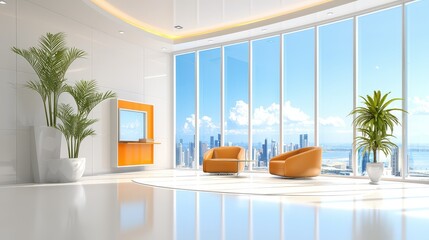 Poster - A beautifully designed office interior background featuring modern furnishings, large windows, and stylish decor, ideal for showcasing professional business environments.