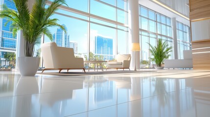 Poster - A beautifully designed office interior background featuring modern furnishings, large windows, and stylish decor, ideal for showcasing professional business environments.