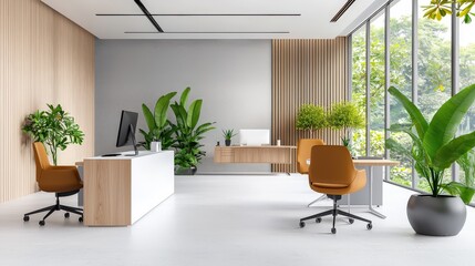 Poster - An inviting office background featuring large windows that provide a panoramic view, ideal for showcasing a professional atmosphere and inspiring workplace environments.