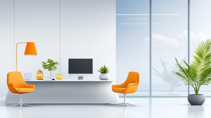 Poster - A modern office background with bright furnishings and decor, large windows, and an open layout, perfect for illustrating a productive and creative work atmosphere.