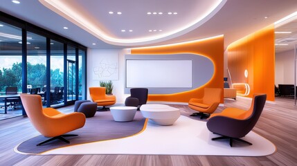 Poster - A stylish office meeting room featuring a glass wall, high-end furniture, and a whiteboard, perfect for corporate training, strategic planning, or team meetings.