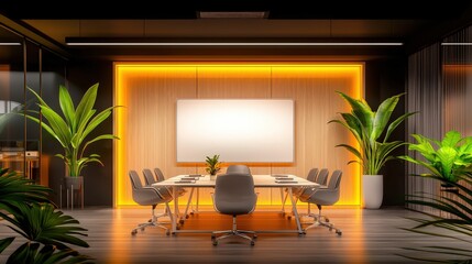 Poster - A stylish office meeting room featuring a glass wall, high-end furniture, and a whiteboard, perfect for corporate training, strategic planning, or team meetings.